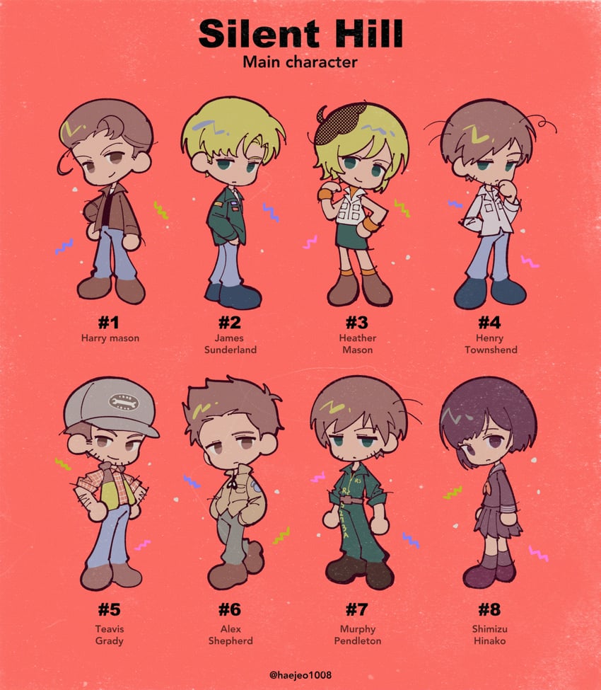 heather mason, james sunderland, henry townshend, harry mason, shimizu hinako, and 3 more (silent hill and 8 more) drawn by haejeo1008