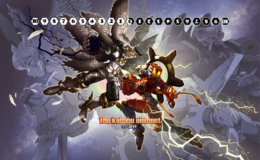 lucemon falldown mode, susanoomon, kaisergreymon, lucemon, and magnagarurumon (digimon and 2 more) drawn by uzuuzuya