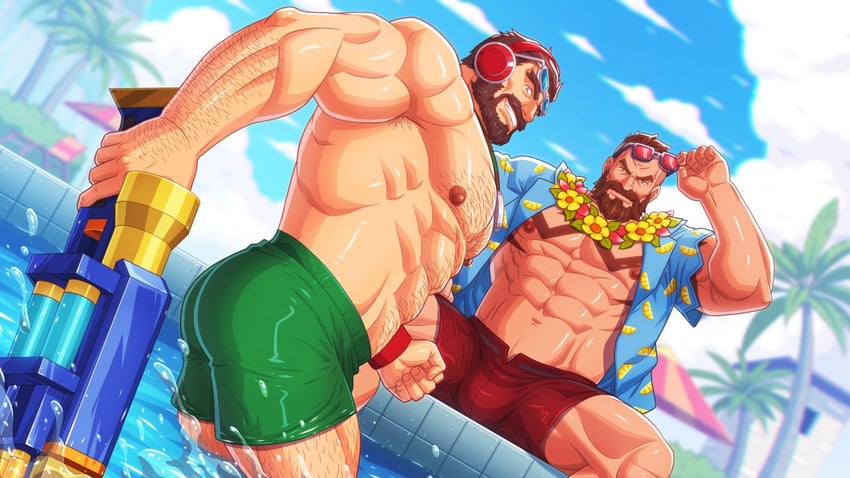 graves, gangplank, pool party graves, and pool party gangplank (league of legends) drawn by zelo-lee