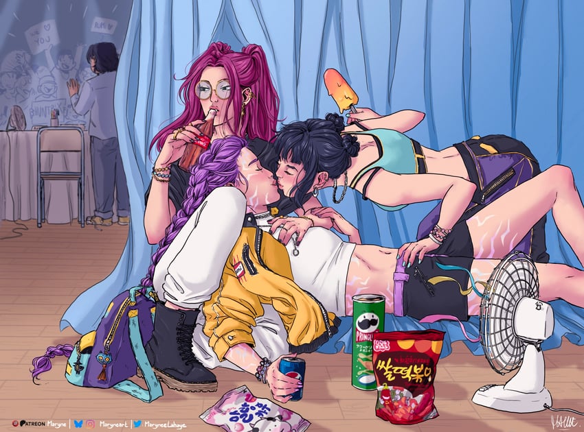 rumi, zoey, mira, and bobby (kpop demon hunters) drawn by maryneelahaye