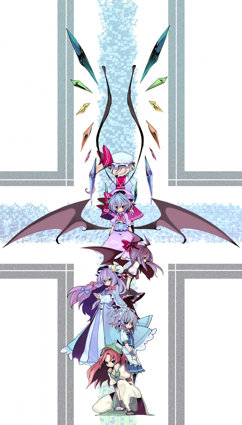 remilia scarlet, flandre scarlet, izayoi sakuya, patchouli knowledge, hong meiling, and 1 more (touhou and 1 more) drawn by morino_hon and oinari_(tensaizoku)