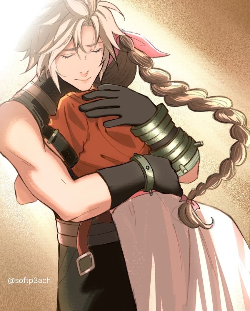 cloud strife and aerith gainsborough (final fantasy and 3 more) drawn by softp3ach