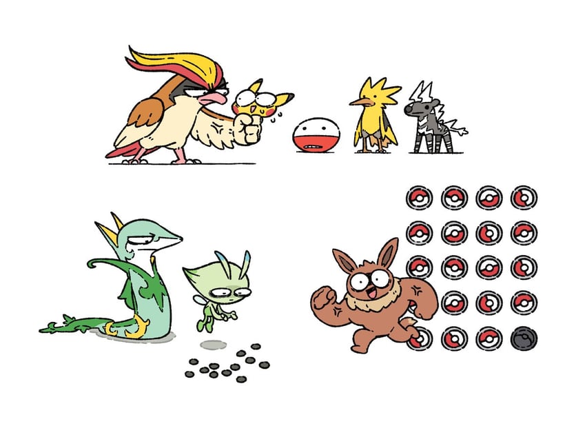 pikachu, eevee, celebi, serperior, pidgeot, and 3 more (pokemon and 2 more) drawn by plainwhite