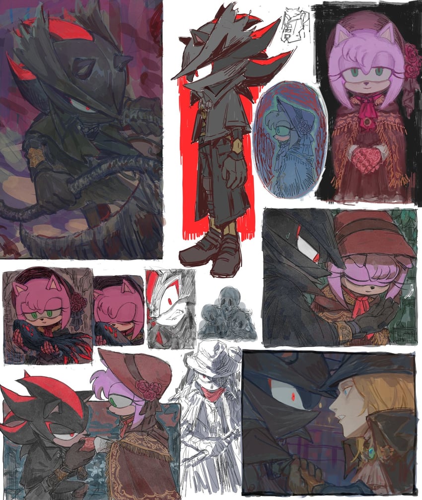 shadow the hedgehog, amy rose, hunter, plain doll, lady maria of the astral clocktower, and 3 more (sonic and 3 more) drawn by sundayauruu
