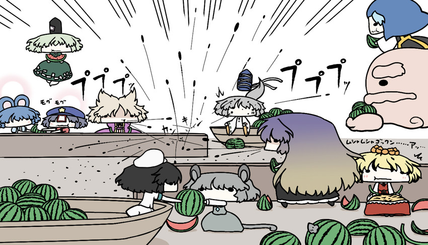 nazrin, hijiri byakuren, toyosatomimi no miko, mononobe no futo, toramaru shou, and 6 more (touhou) drawn by kurokoori