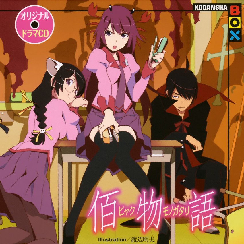 senjougahara hitagi, hanekawa tsubasa, and araragi koyomi (monogatari) drawn by watanabe_akio