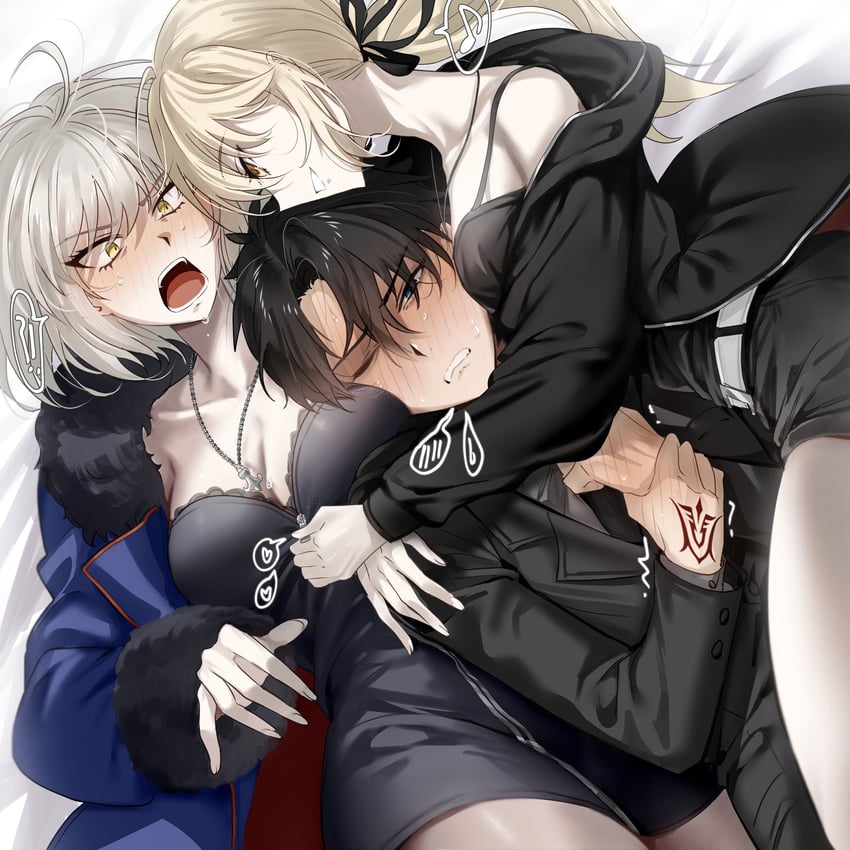 artoria pendragon, fujimaru ritsuka, jeanne d'arc alter, and saber alter (fate and 1 more) drawn by kirin_e2