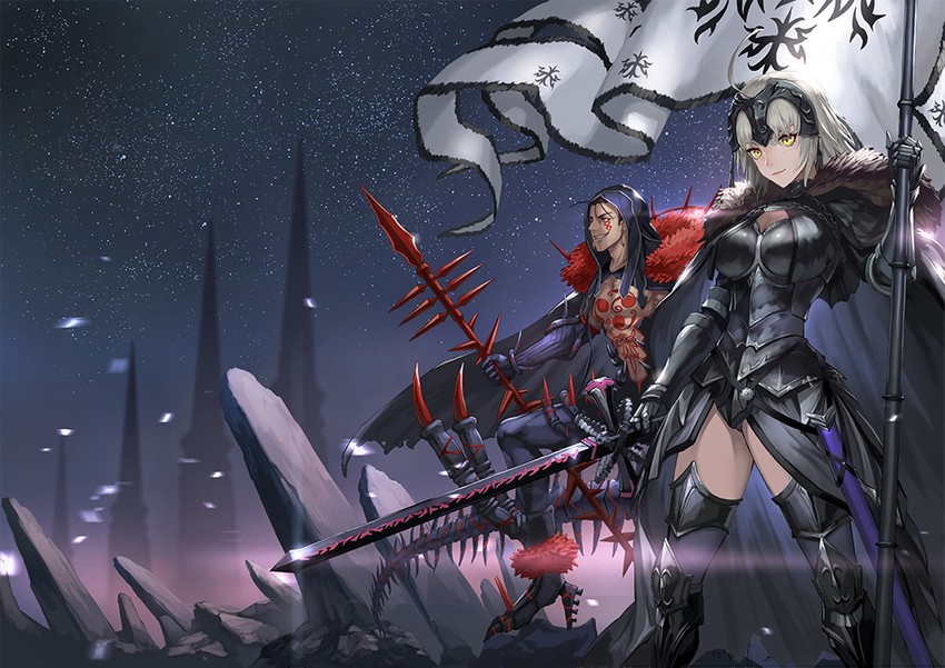 cu chulainn, jeanne d'arc alter, and cu chulainn alter (fate and 1 more) drawn by maekawa_yuichi