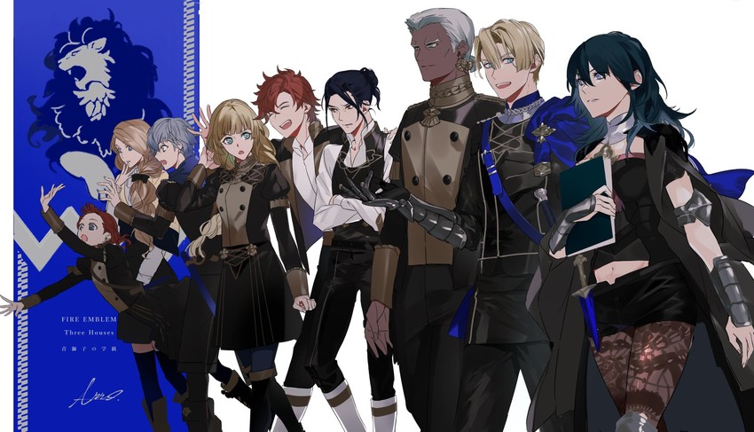 female byleth, dimitri alexandre blaiddyd, ingrid brandl galatea, sylvain jose gautier, felix hugo fraldarius, and 4 more (fire emblem and 1 more) drawn by anno_meiji
