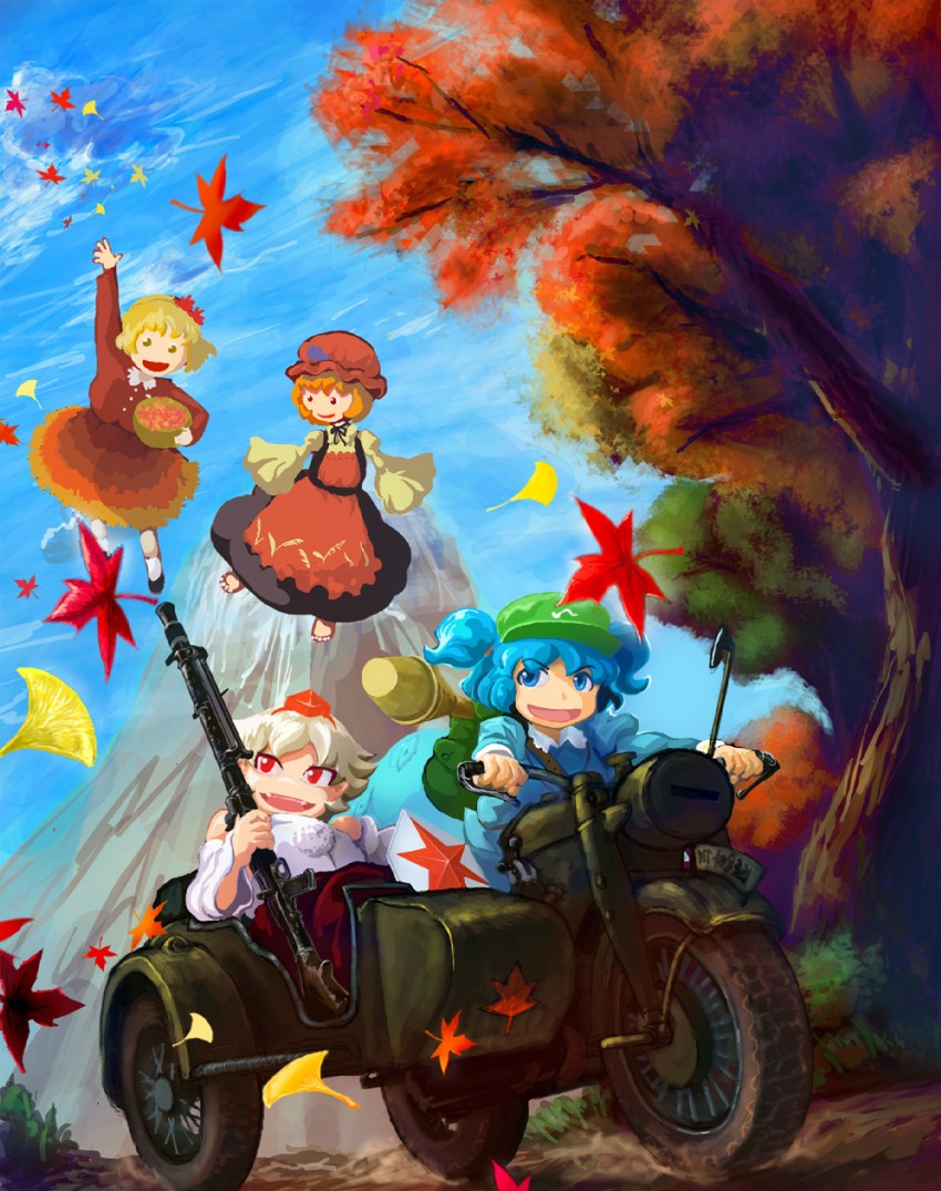 inubashiri momiji, kawashiro nitori, aki minoriko, and aki shizuha (touhou) drawn by enajii