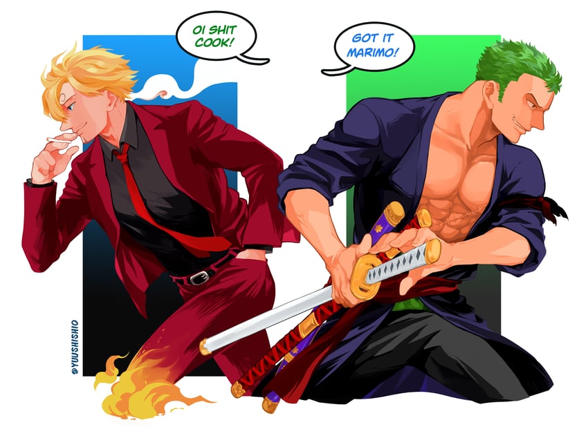 roronoa zoro and sanji (one piece) drawn by yuu_shishio
