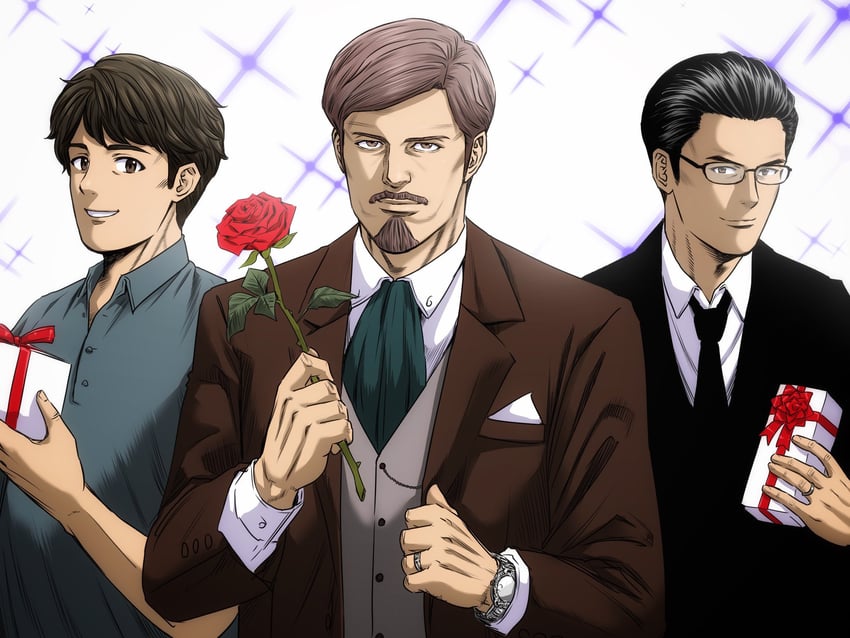 hakozaki serika's father, mogami shizuka's father, and kasuga mirai's father (idolmaster and 1 more) drawn by matcha_kingyo