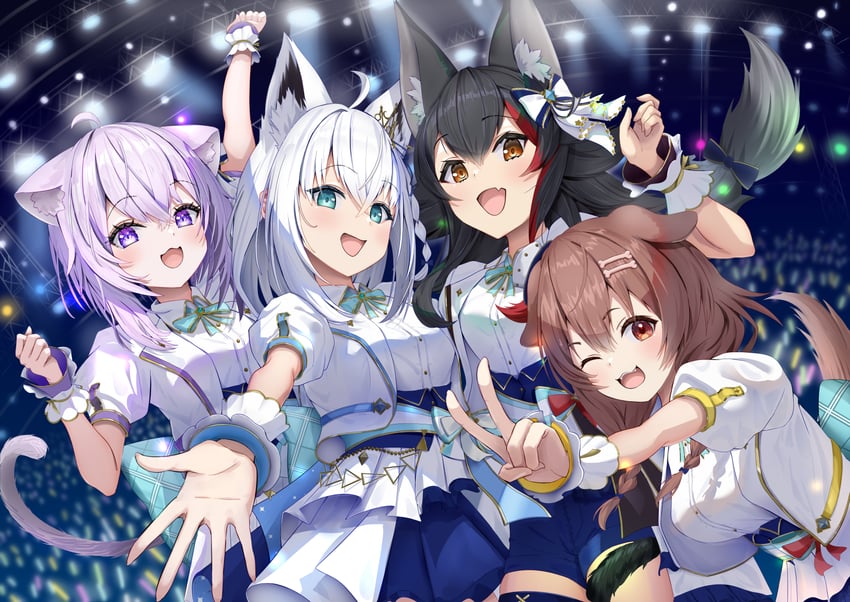shirakami fubuki, nekomata okayu, ookami mio, and inugami korone (hololive) drawn by torakichi_888