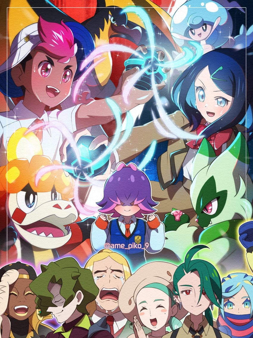 rika, liko, grusha, dot, roy, and 8 more (pokemon and 1 more) drawn by amedamaneko