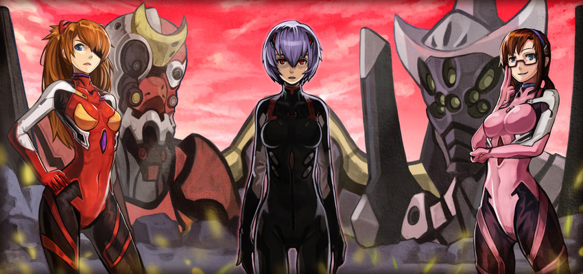 souryuu asuka langley, ayanami rei, makinami mari illustrious, eva 02, and eva 08 (neon genesis evangelion and 2 more) drawn by goomrrat