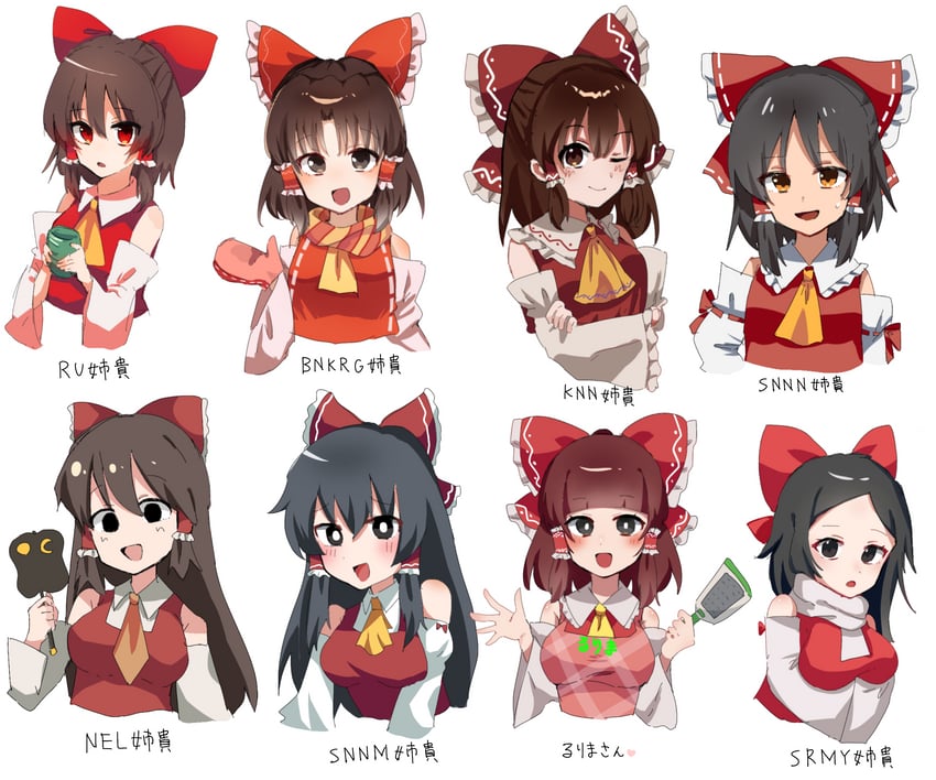 hakurei reimu, benikurage, kanna, reu, sananana, and 4 more (touhou and 1 more) drawn by niu_42