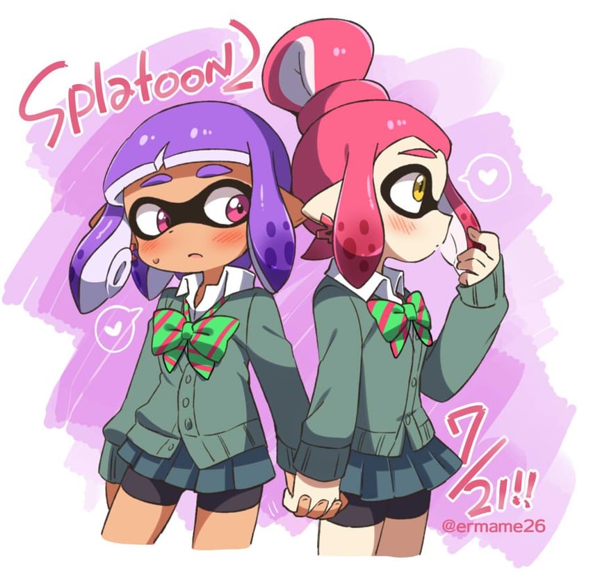 inkling player character and inkling girl (splatoon and 1 more) drawn by eromame