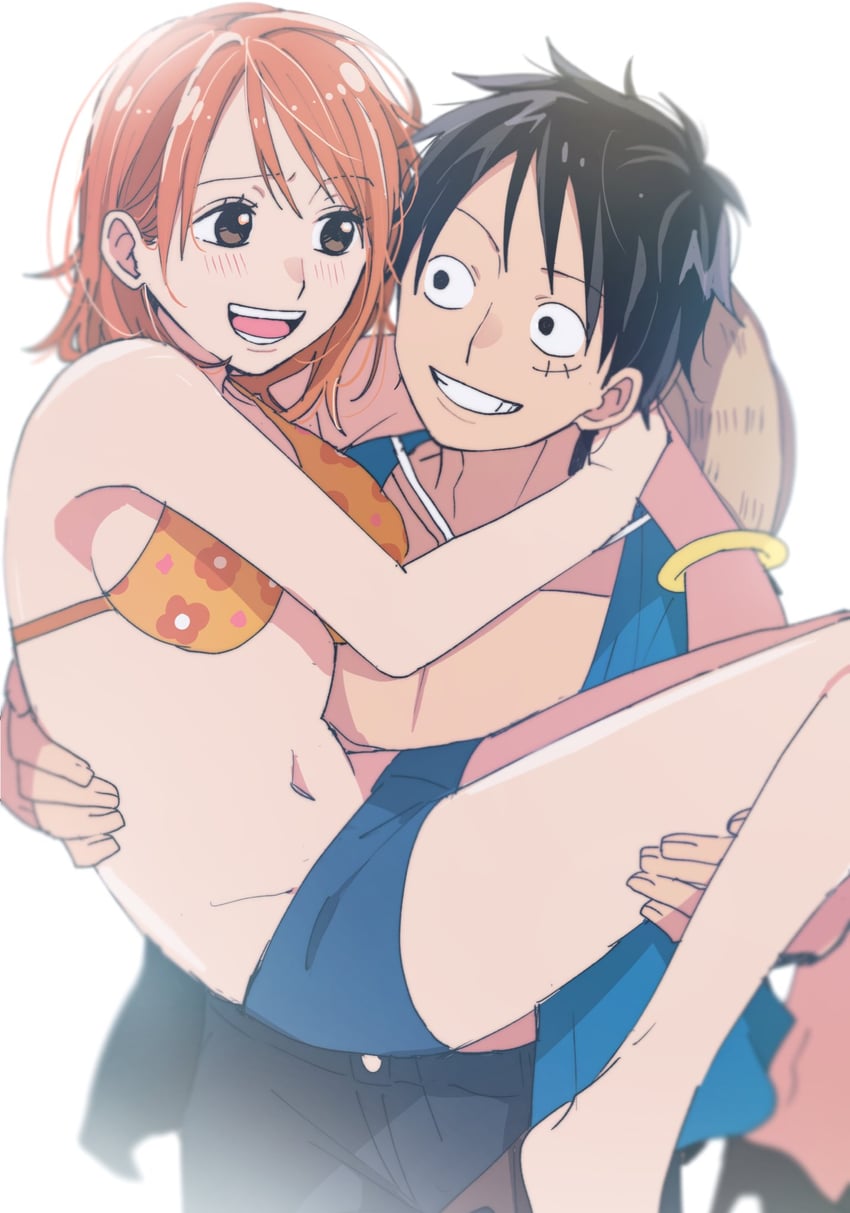 nami and monkey d. luffy (one piece) drawn by chiya_op