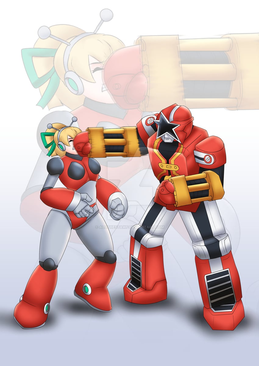 roll, hyper roll, red puncher, and red battlezord (mega man and 5 more) drawn by allthestawf