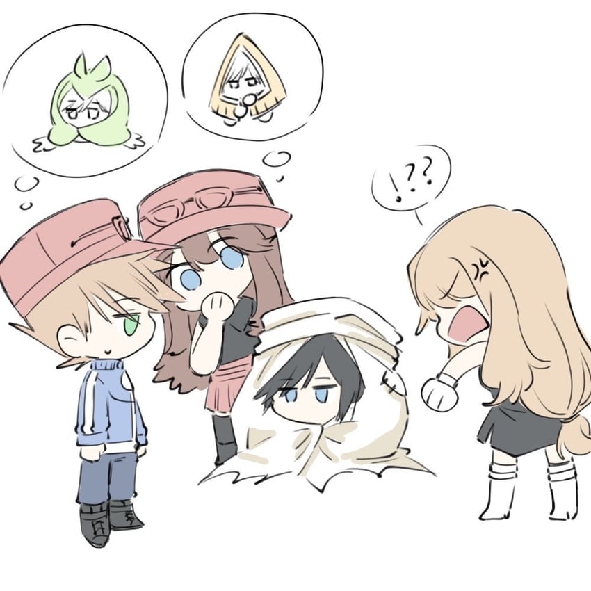 serena, blue oak, calem, green, swadloon, and 1 more (pokemon and 1 more) drawn by riceball_(gohan_gin)