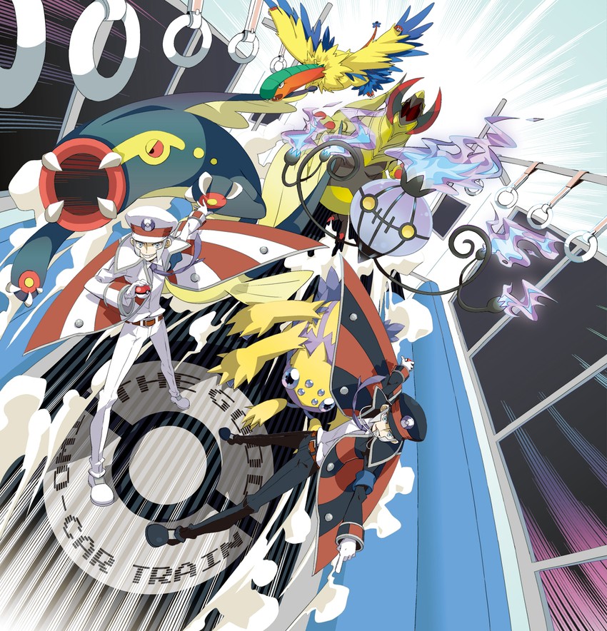 ingo, chandelure, emmet, haxorus, eelektross, and 2 more (pokemon and 1 more) drawn by ashim_sakura