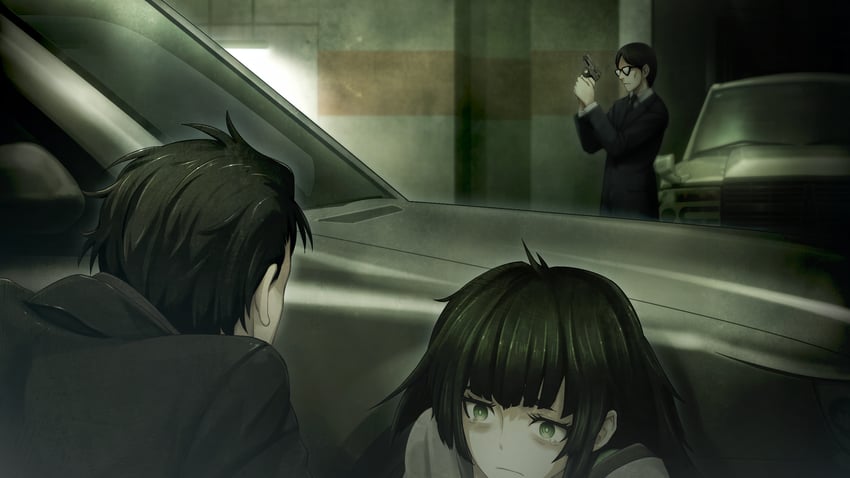 okabe rintarou, hiyajou maho, and mr. cateaux (steins;gate and 1 more) drawn by huke
