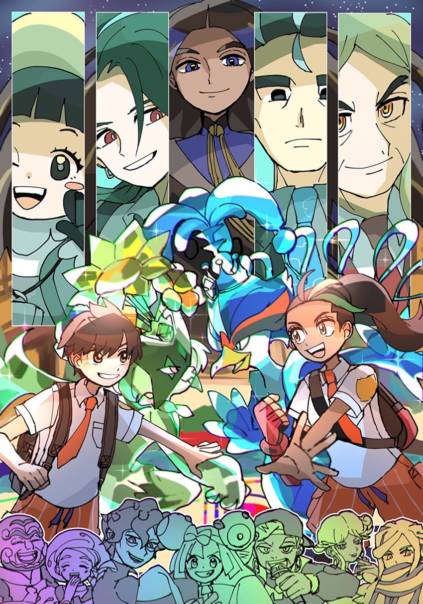 iono, rika, florian, nemona, meowscarada, and 11 more (pokemon and 1 more) drawn by non_pmpm