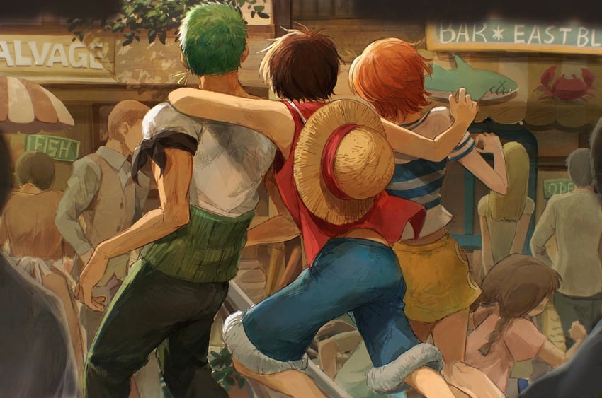 nami, monkey d. luffy, and roronoa zoro (one piece) drawn by oekakiboya