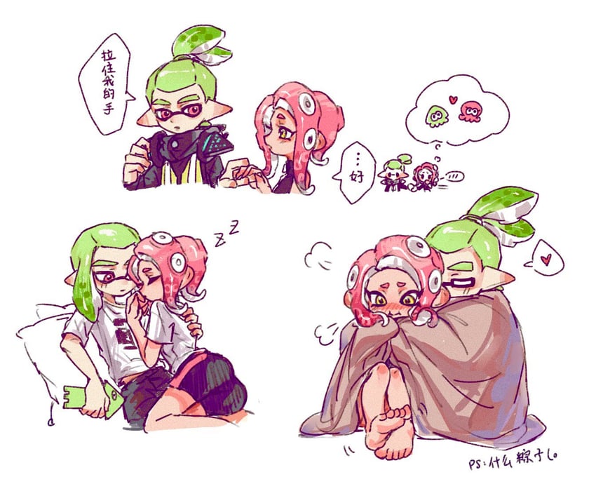 inkling player character, octoling player character, octoling girl, inkling boy, agent 8, and 1 more (splatoon and 2 more) drawn by gucandiyi52092