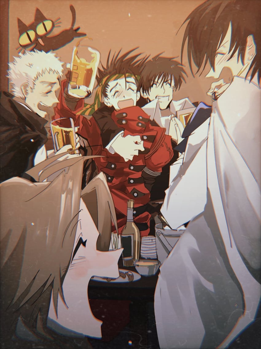 vash the stampede, nicholas d. wolfwood, meryl stryfe, milly thompson, and kuroneko (trigun) drawn by decided_218