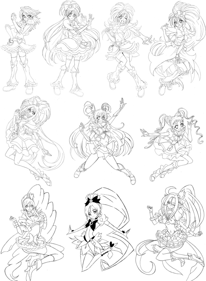 misumi nagisa, hanasaki tsubomi, yukishiro honoka, cure black, cure blossom, and 16 more (precure and 7 more) drawn by arudebido