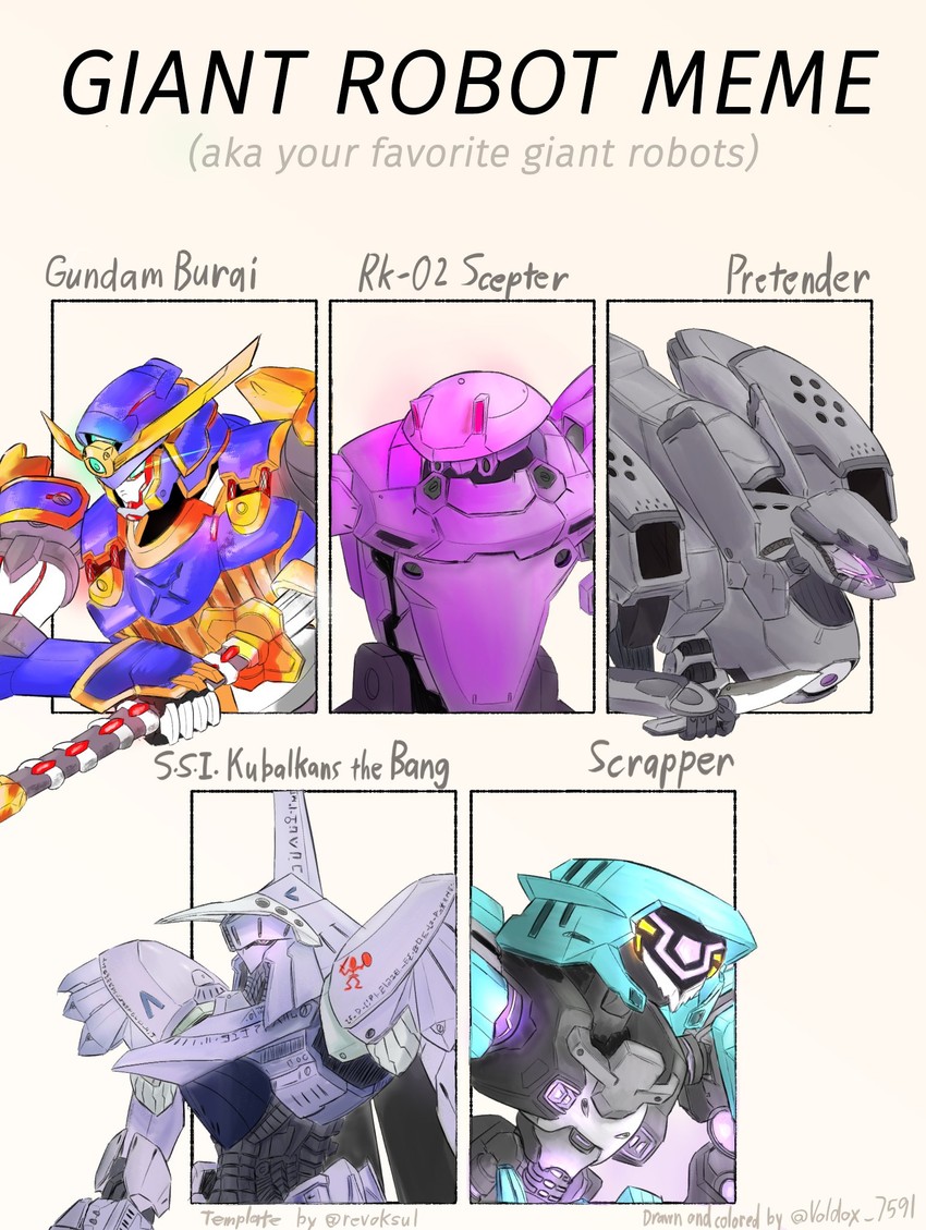 gundam burai, bangdoll, scrapper, rk-02 scepter, and pretender (gundam and 6 more) drawn by voldox