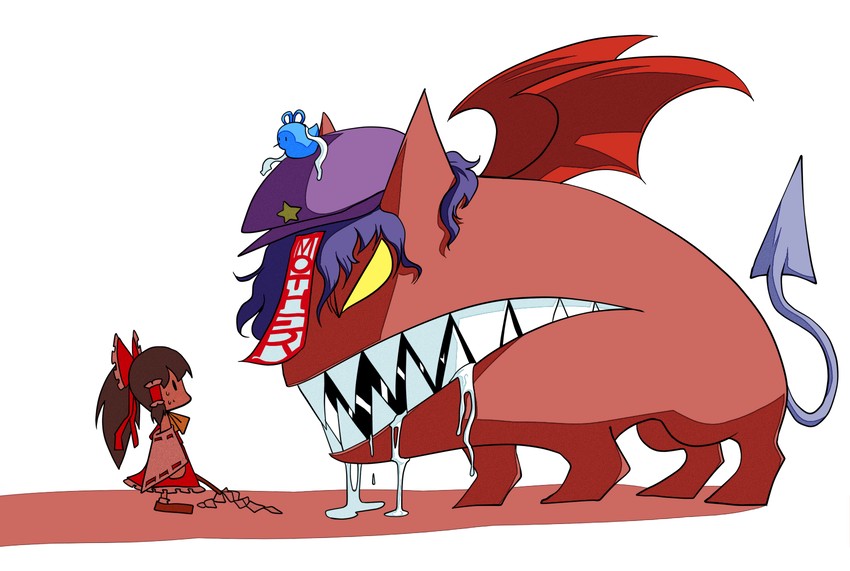 hakurei reimu, kaku seiga, miyako yoshika, and ultimate chimera (touhou and 2 more) drawn by rariatto_(ganguri)
