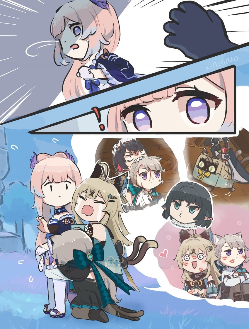ellen joe, sangonomiya kokomi, jane doe, lynette, and kirara (genshin impact and 2 more) drawn by xinzoruo
