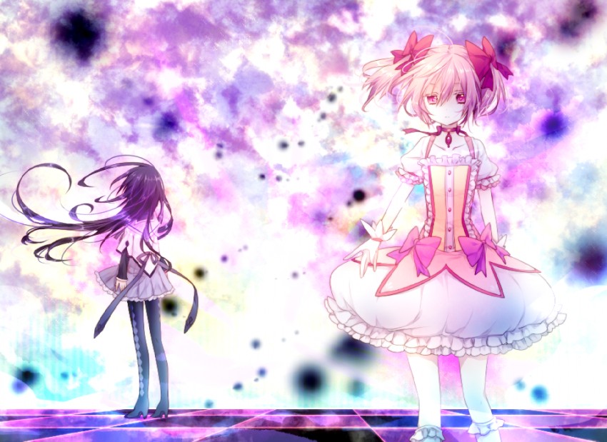 akemi homura and kaname madoka (mahou shoujo madoka magica) drawn by riichu
