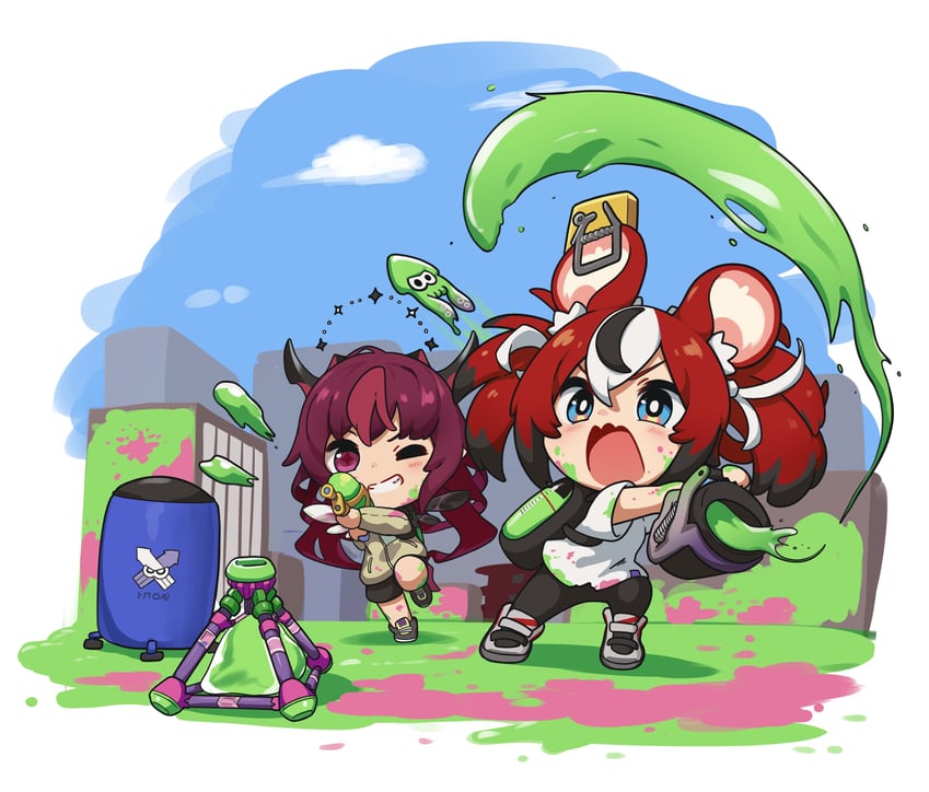 inkling player character, hakos baelz, and irys (hololive and 3 more) drawn by snowmya