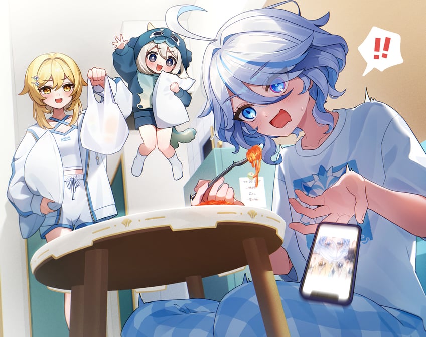 lumine, furina, paimon, and blubberbeast (genshin impact) drawn by tachanakyo
