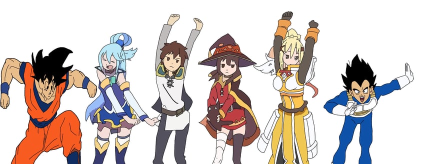 megumin, son goku, aqua, darkness, satou kazuma, and 2 more (dragon ball and 3 more) drawn by super_turles