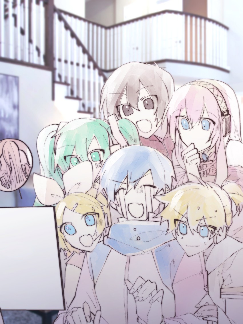 hatsune miku, kagamine rin, kagamine len, megurine luka, kaito, and 2 more (vocaloid and 1 more) drawn by binggwaryu