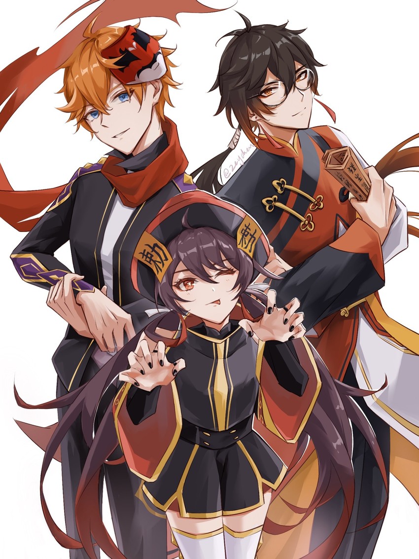 hu tao, zhongli, and tartaglia (genshin impact) drawn by chenzcy