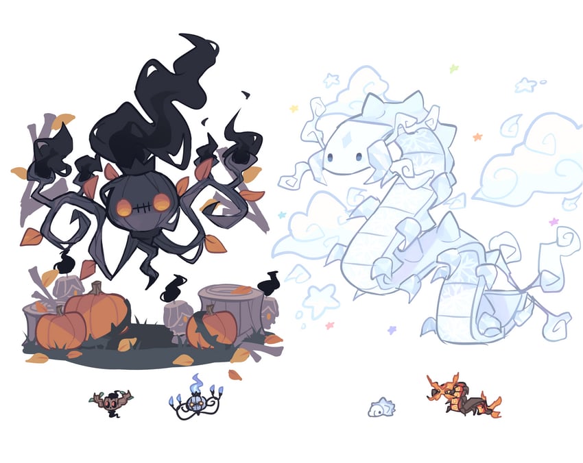 chandelure, snom, phantump, and centiskorch (pokemon) drawn by charamells