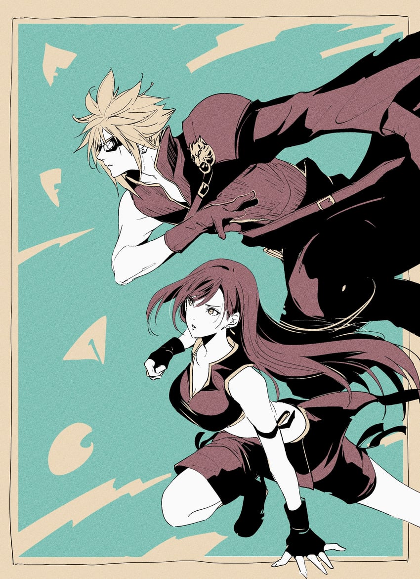 tifa lockhart, cloud strife, and fenrir (final fantasy and 2 more) drawn by shoji_sakura