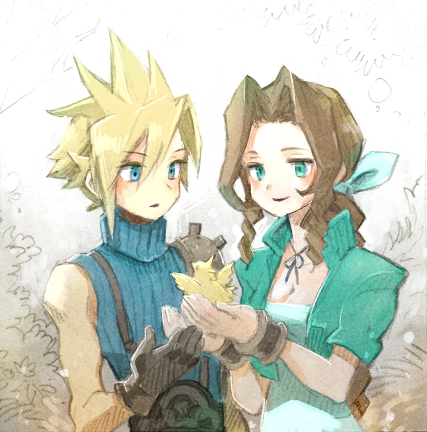 cloud strife and aerith gainsborough (final fantasy and 1 more) drawn by mare_(pixiv)
