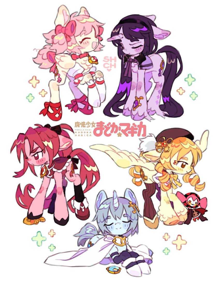 akemi homura, kaname madoka, miki sayaka, sakura kyoko, tomoe mami, and 1 more (mahou shoujo madoka magica and 3 more) drawn by sharpycharot