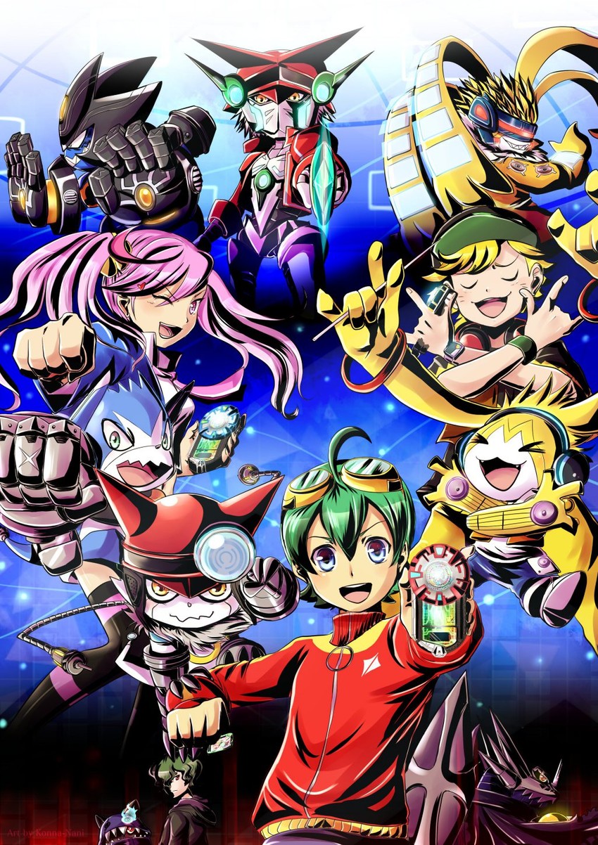 gatchmon, karan eri, shinkai haru, dokamon, hackmon, and 7 more (digimon and 1 more) drawn by konna-nani