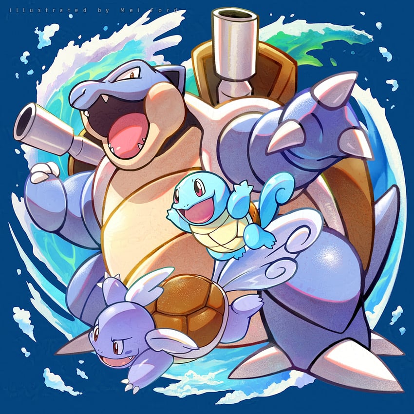 squirtle, blastoise, and wartortle (pokemon) drawn by mei_ford