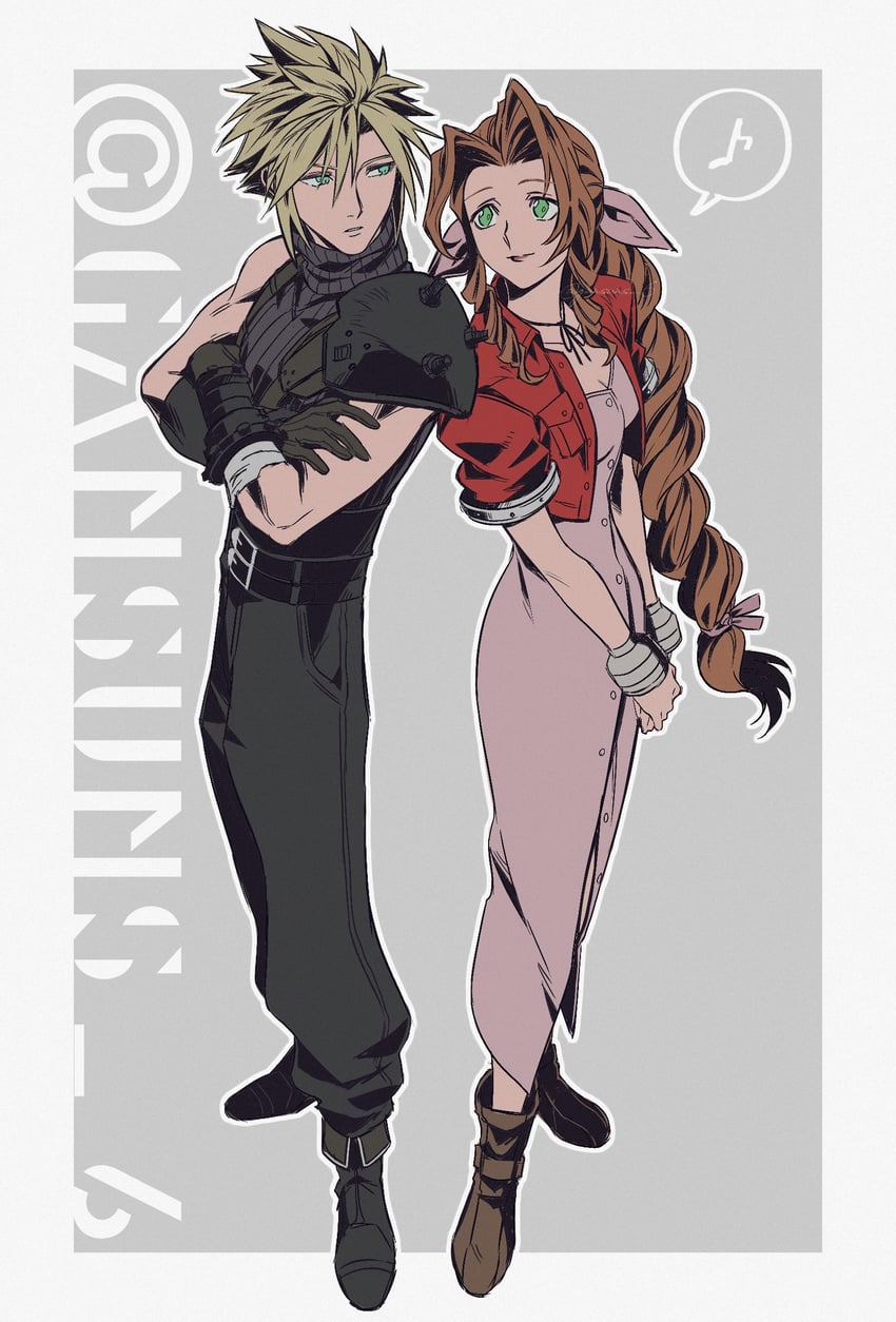 cloud strife and aerith gainsborough (final fantasy and 1 more) drawn by roku_(gansuns)
