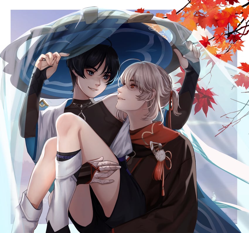 scaramouche, wanderer, and kaedehara kazuha (genshin impact) drawn by inga2ooo