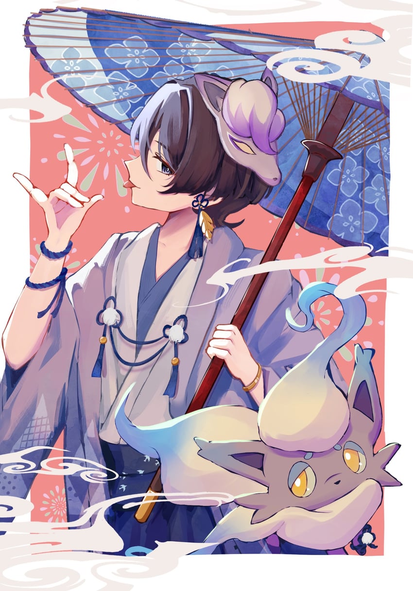 scaramouche, wanderer, and hisuian zorua (pokemon and 1 more) drawn by tamadon_(tamadonoekaki)