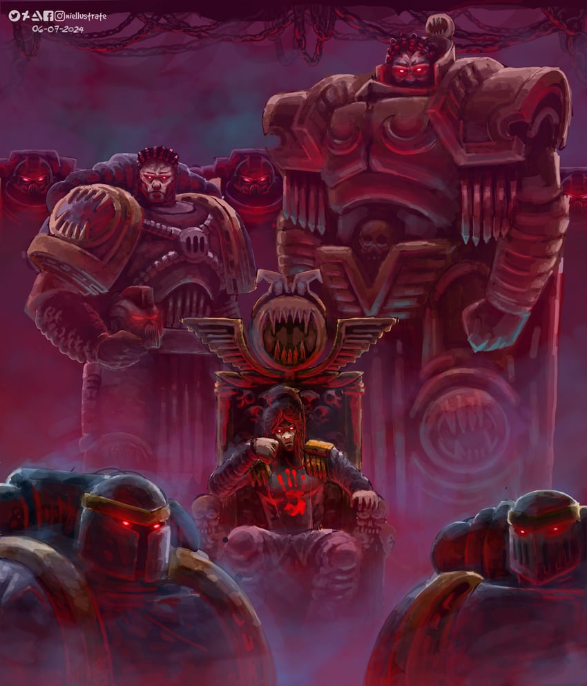 adeptus astartes, chaos space marine, angron, kharn the betrayer, and lotara sarrin (warhammer 40k) drawn by niellustrate